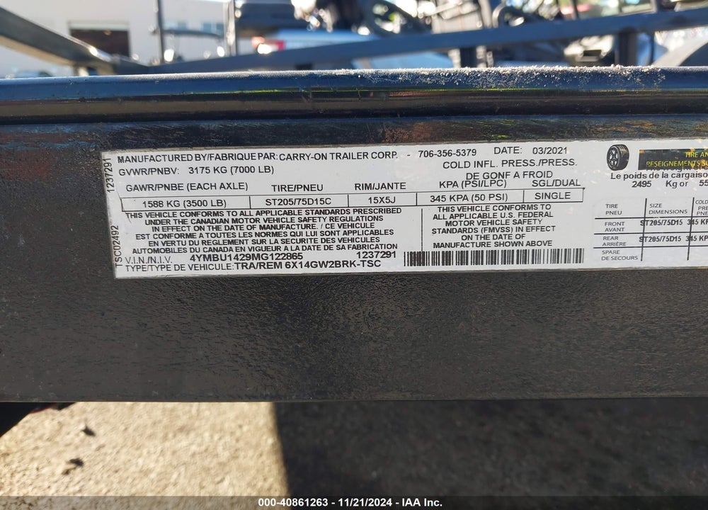 2021 UTILITY TRAILER MFG OTHER VIN: 4YMBU1429MG122865