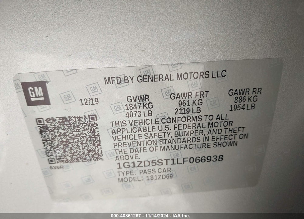 2020 CHEVROLET MALIBU FWD LT VIN: 1G1ZD5ST1LF066938