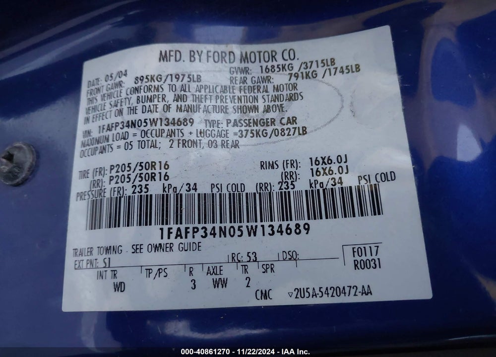 2005 FORD FOCUS ZX4 VIN: 1FAFP34N05W134689