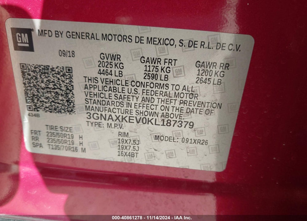 2019 CHEVROLET EQUINOX LT VIN: 3GNAXKEV0KL187379