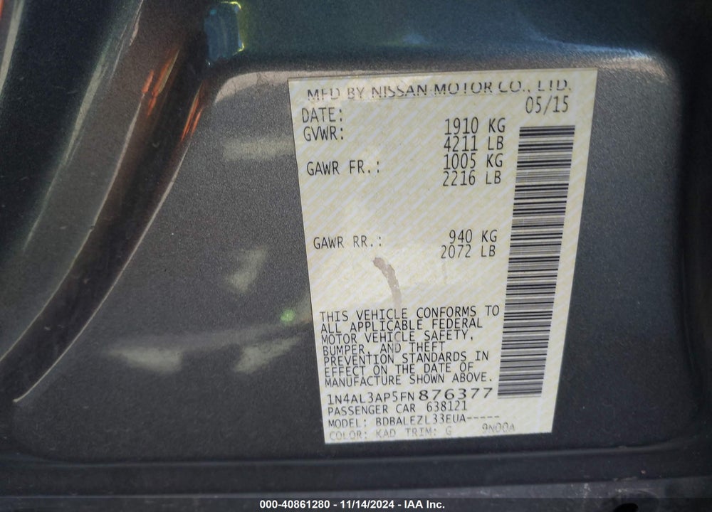 2015 NISSAN ALTIMA 2.5/2.5 S/2.5 SL/2.5 SV VIN: 1N4AL3AP5FN876377