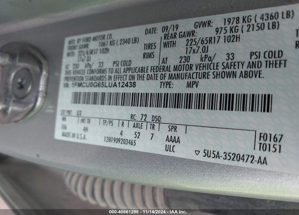2020 FORD ESCAPE SE VIN: 1FMCU0G65LUA12438