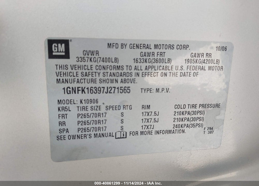 2007 CHEVROLET SUBURBAN 1500 VIN: 1GNFK16397J271565