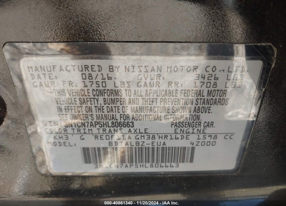 2017 NISSAN VERSA 1.6 SV VIN: 3N1CN7AP5HL806663