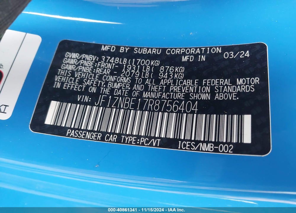 2024 TOYOTA GR86 VIN: JF1ZNBE17R8756404