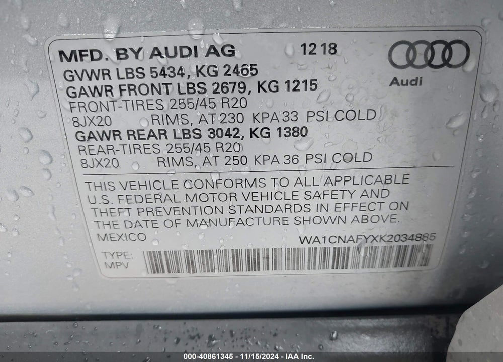 2019 AUDI Q5 45 PREMIUM VIN: WA1CNAFYXK2034885