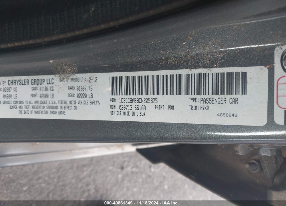 2012 CHRYSLER 200 LX VIN: 1C3CCBAB9CN205375