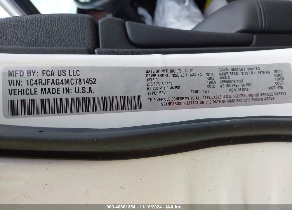 2021 JEEP GRAND CHEROKEE LAREDO E 4X4 VIN: 1C4RJFAG4MC781452