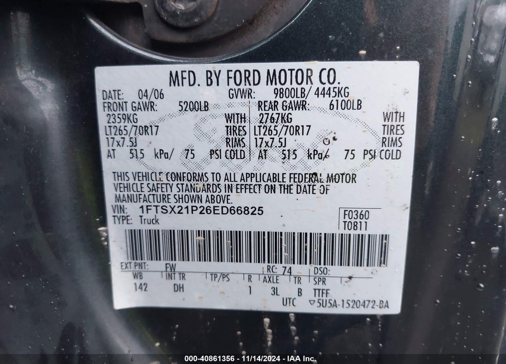 2006 FORD F-250 VIN: 1FTSX21P26ED66825