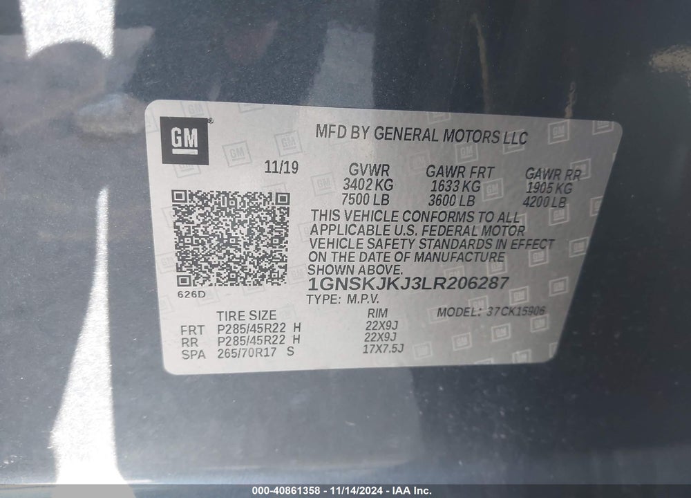 2020 CHEVROLET SUBURBAN 4WD PREMIER VIN: 1GNSKJKJ3LR206287