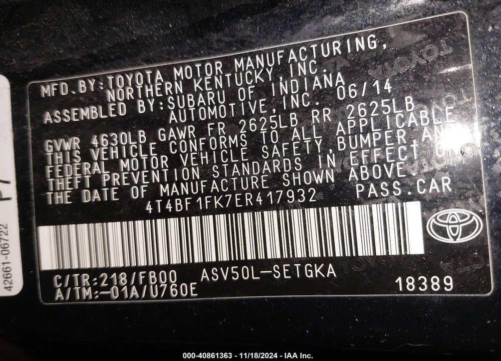 2014 TOYOTA CAMRY XLE VIN: 4T4BF1FK7ER417932