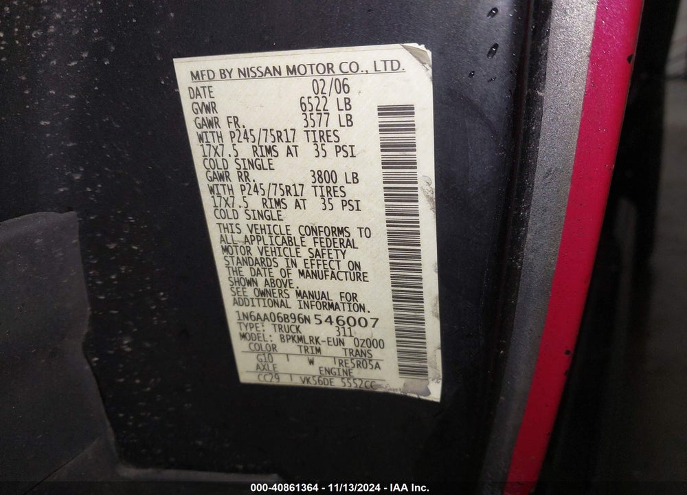 2006 NISSAN TITAN XE/SE/LE VIN: 1N6AA06B96N546007