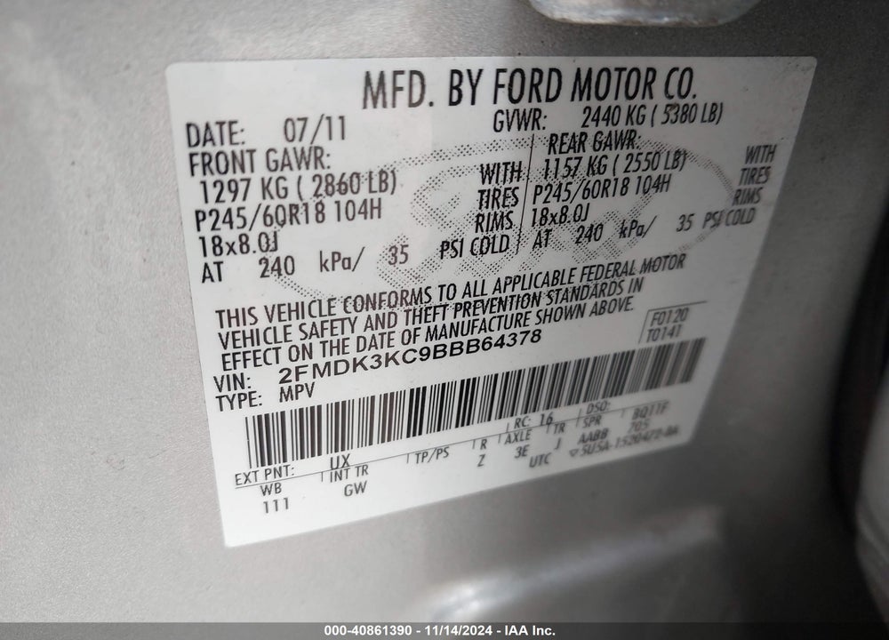 2011 FORD EDGE LIMITED VIN: 2FMDK3KC9BBB64378