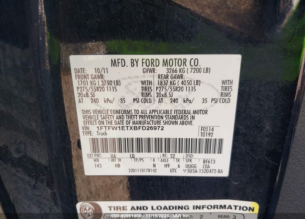 2011 FORD F-150 LARIAT VIN: 1FTFW1ETXBFD26972