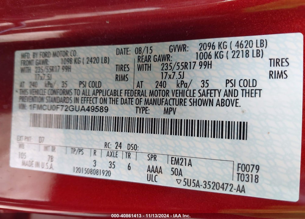 2016 FORD ESCAPE S VIN: 1FMCU0F72GUA49589