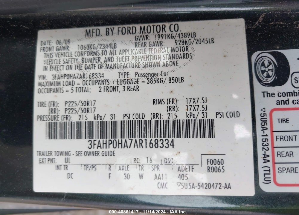 2010 FORD FUSION SE VIN: 3FAHP0HA7AR168334