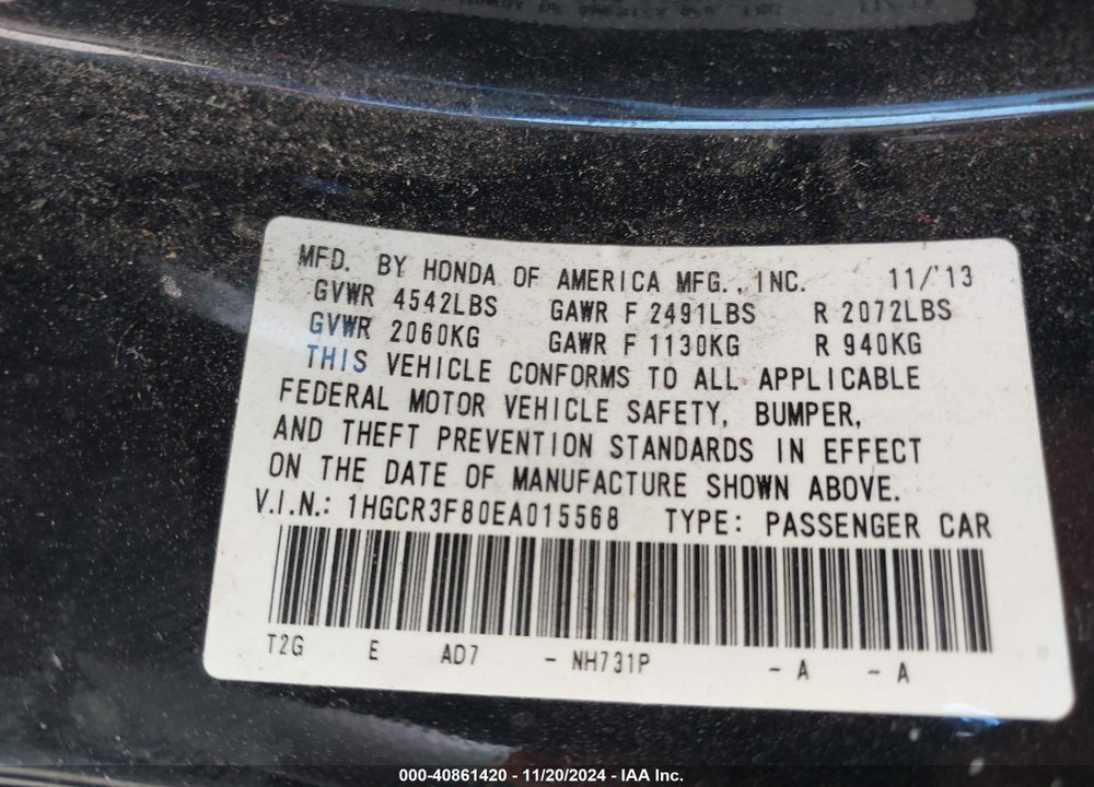 2014 HONDA ACCORD EX-L V-6 VIN: 1HGCR3F80EA015568