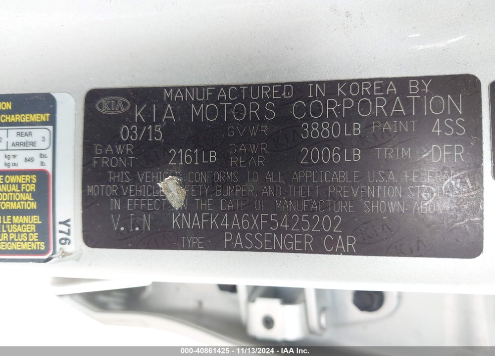 2015 KIA FORTE LX VIN: KNAFK4A6XF5425202