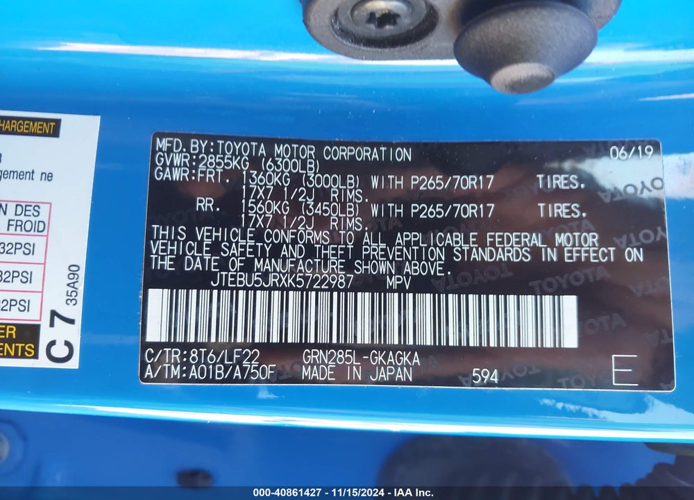 2019 TOYOTA 4RUNNER TRD PRO VIN: JTEBU5JRXK5722987