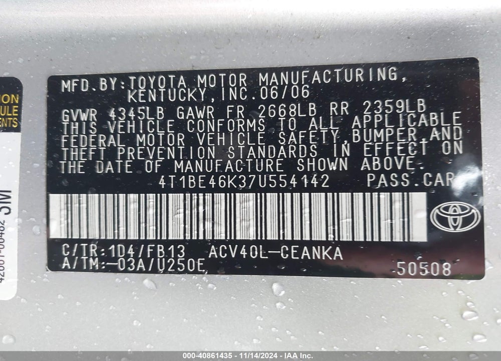 2007 TOYOTA CAMRY LE VIN: 4T1BE46K37U554142