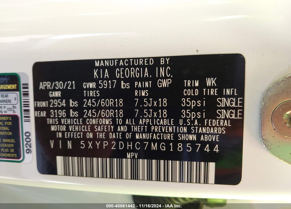 2021 KIA TELLURIDE LX VIN: 5XYP2DHC7MG185744