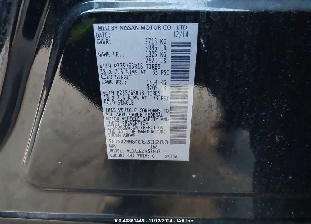 2015 NISSAN PATHFINDER SV VIN: 5N1AR2MN8FC633280