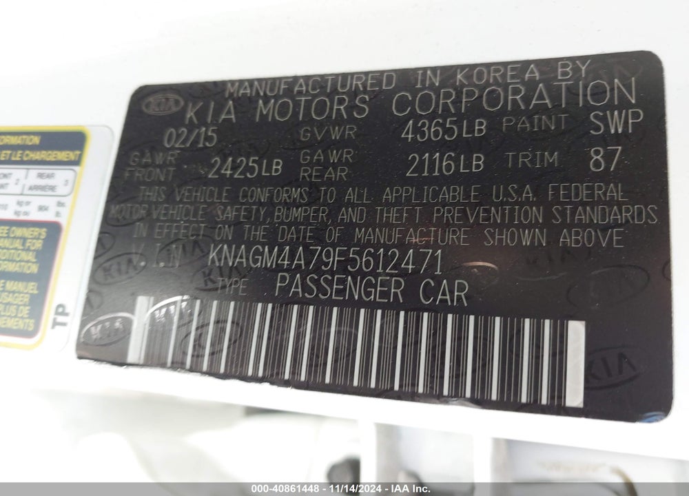 2015 KIA OPTIMA LX VIN: KNAGM4A79F5612471