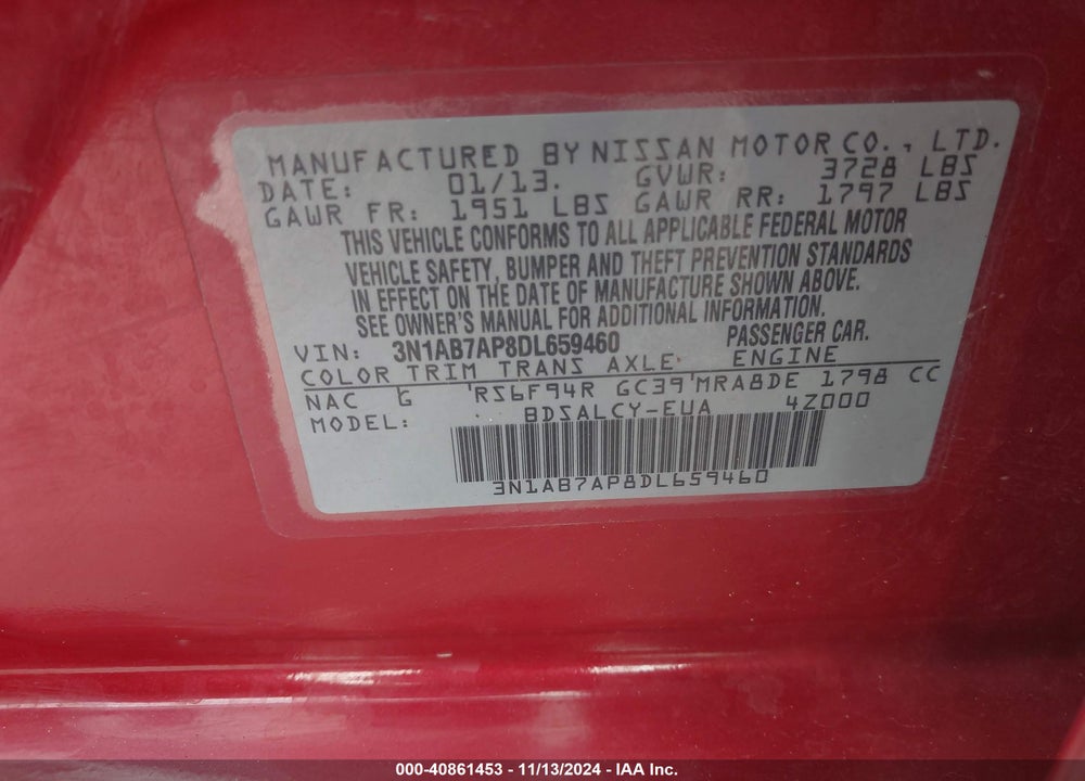 2013 NISSAN SENTRA S VIN: 3N1AB7AP8DL659460