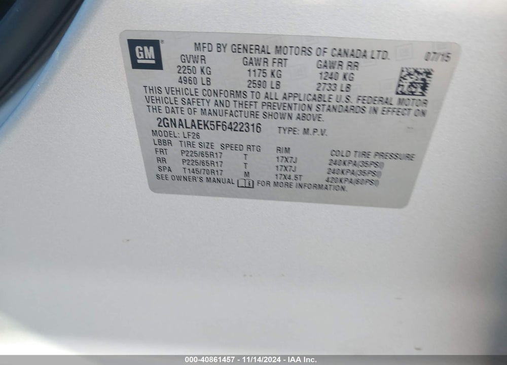 2015 CHEVROLET EQUINOX LS VIN: 2GNALAEK5F6422316