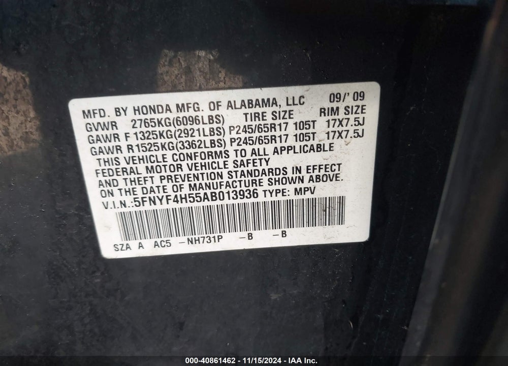 2010 HONDA PILOT EX-L VIN: 5FNYF4H55AB013936
