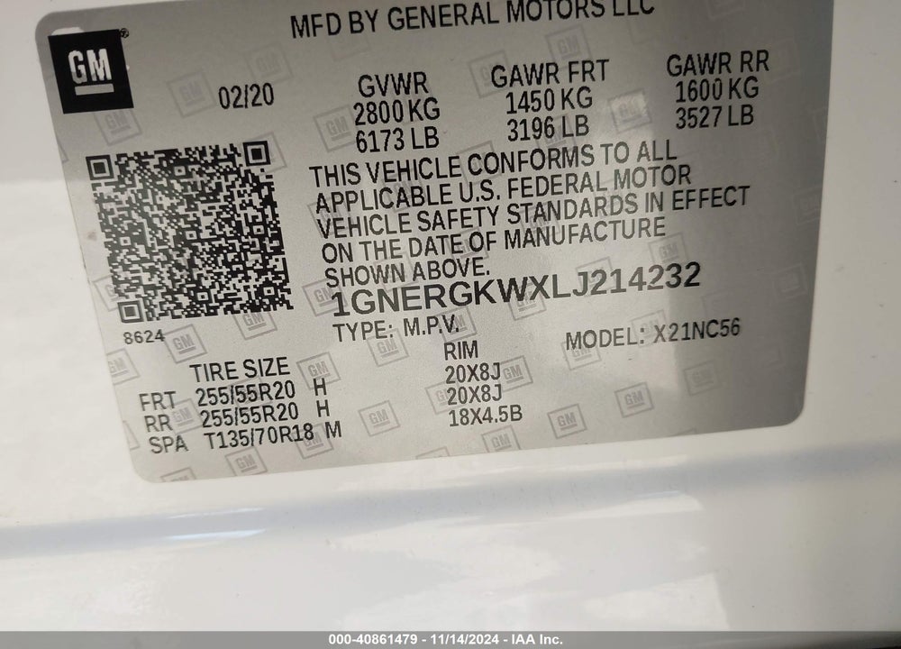 2020 CHEVROLET TRAVERSE FWD LT CLOTH VIN: 1GNERGKWXLJ214232