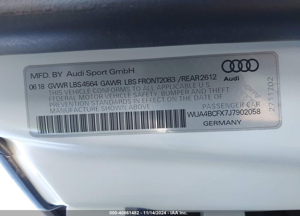 2018 AUDI R8 VIN: WUA4BCFX7J7902058
