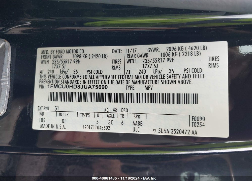 2018 FORD ESCAPE SEL VIN: 1FMCU0HD8JUA75690