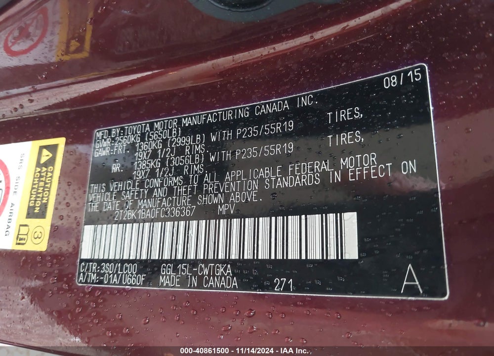 2015 LEXUS RX 350 VIN: 2T2BK1BA0FC336367