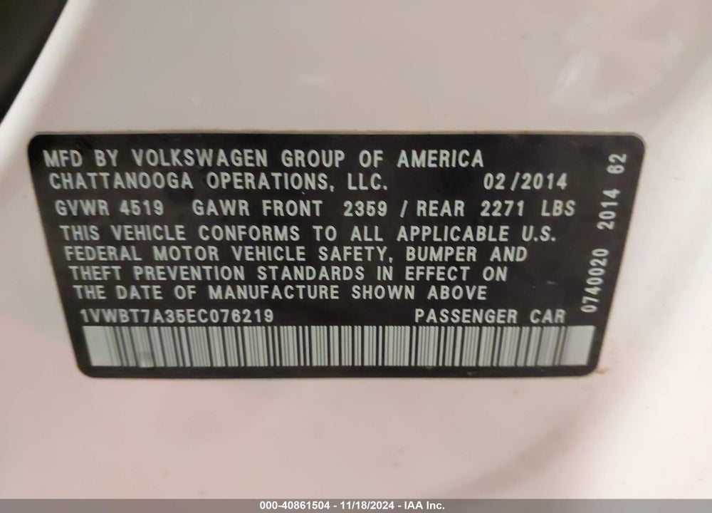 2014 VOLKSWAGEN PASSAT 1.8T SE VIN: 1VWBT7A35EC076219