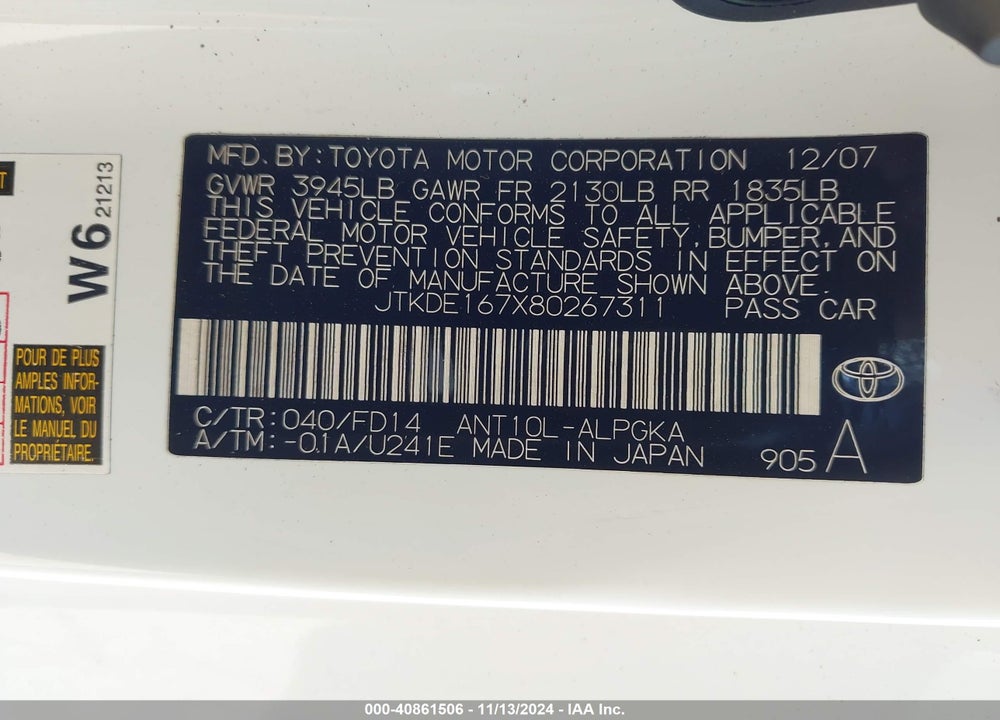 2008 SCION TC VIN: JTKDE167X80267311
