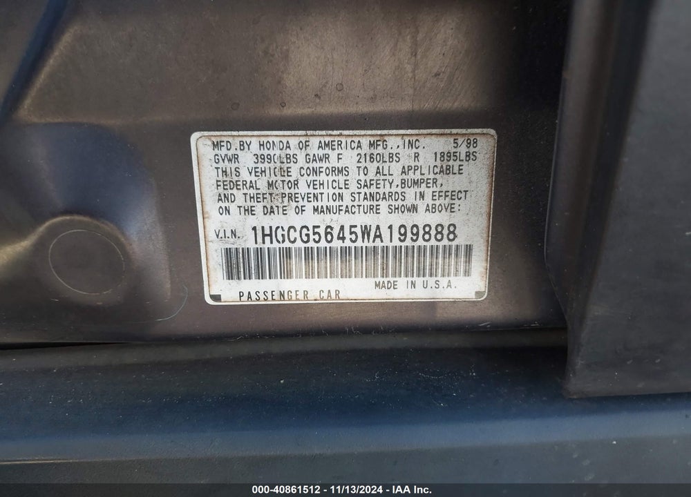 1998 HONDA ACCORD LX VIN: 1HGCG5645WA199888