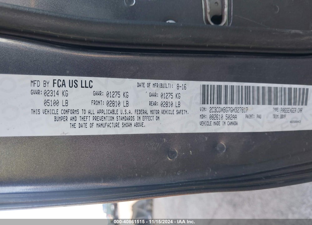2016 DODGE CHARGER VIN: 2C3CDXBG7GH327817