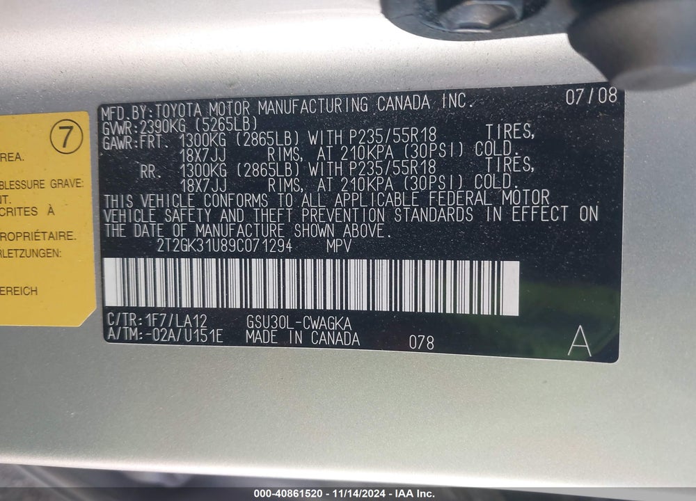 2009 LEXUS RX 350 VIN: 2T2GK31U89C071294