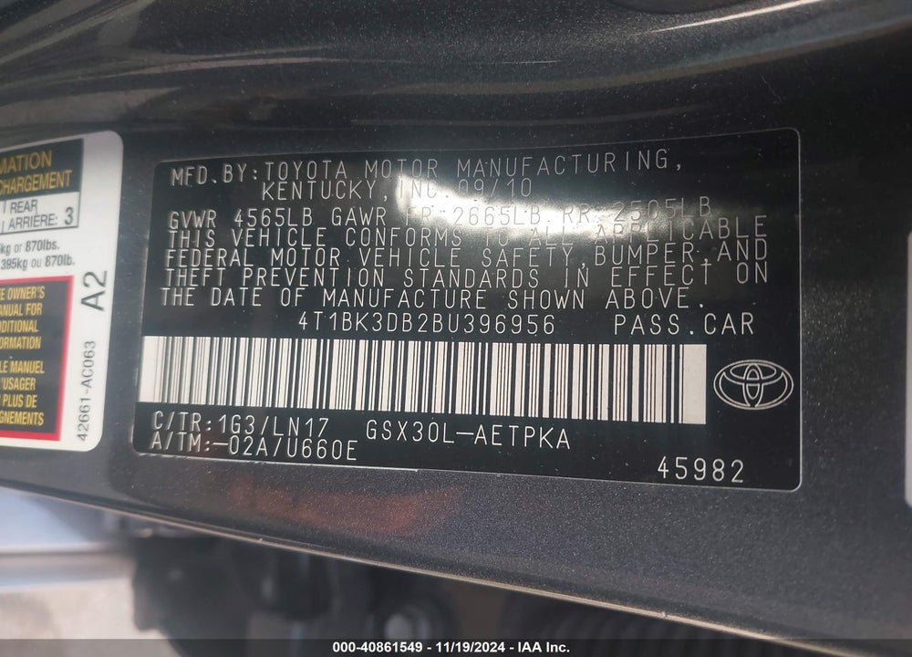 2011 TOYOTA AVALON LIMITED VIN: 4T1BK3DB2BU396956