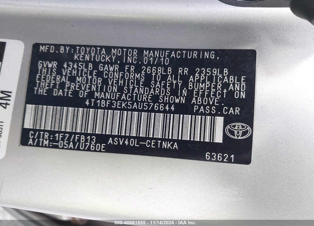2010 TOYOTA CAMRY LE VIN: 4T1BF3EK5AU576644