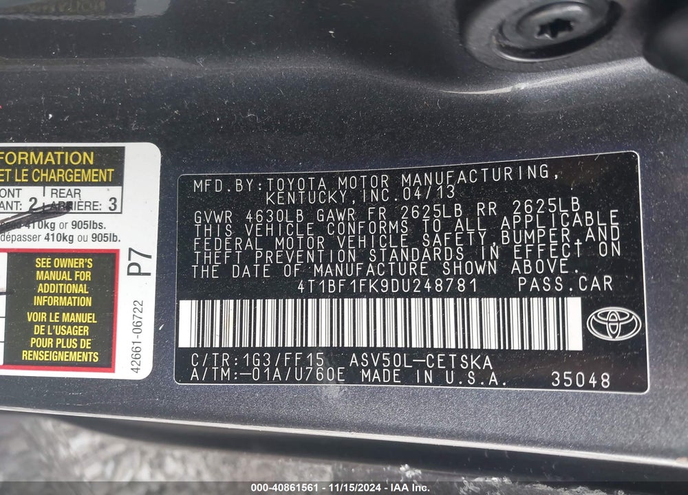 2013 TOYOTA CAMRY SE VIN: 4T1BF1FK9DU248781