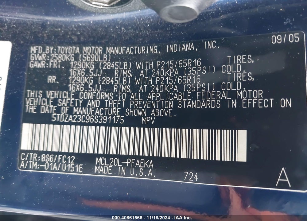 2006 TOYOTA SIENNA LE VIN: 5TDZA23C96S391175