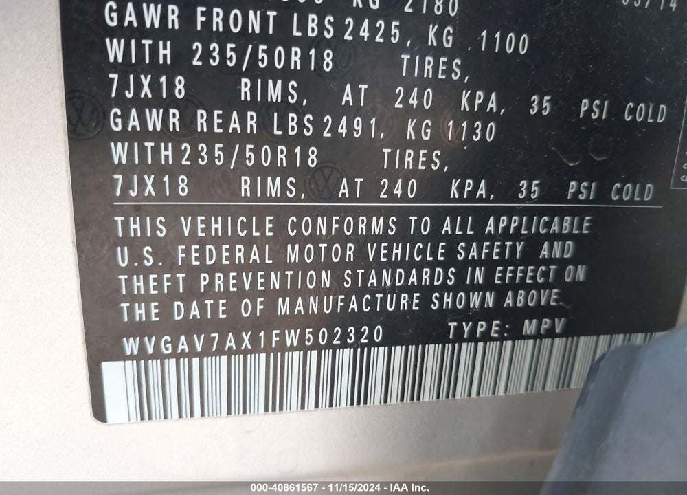 2015 VOLKSWAGEN TIGUAN SE VIN: WVGAV7AX1FW502320