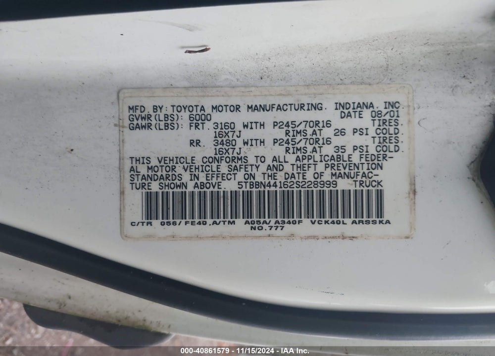 2002 TOYOTA TUNDRA SR5 VIN: 5TBBN44162S228999