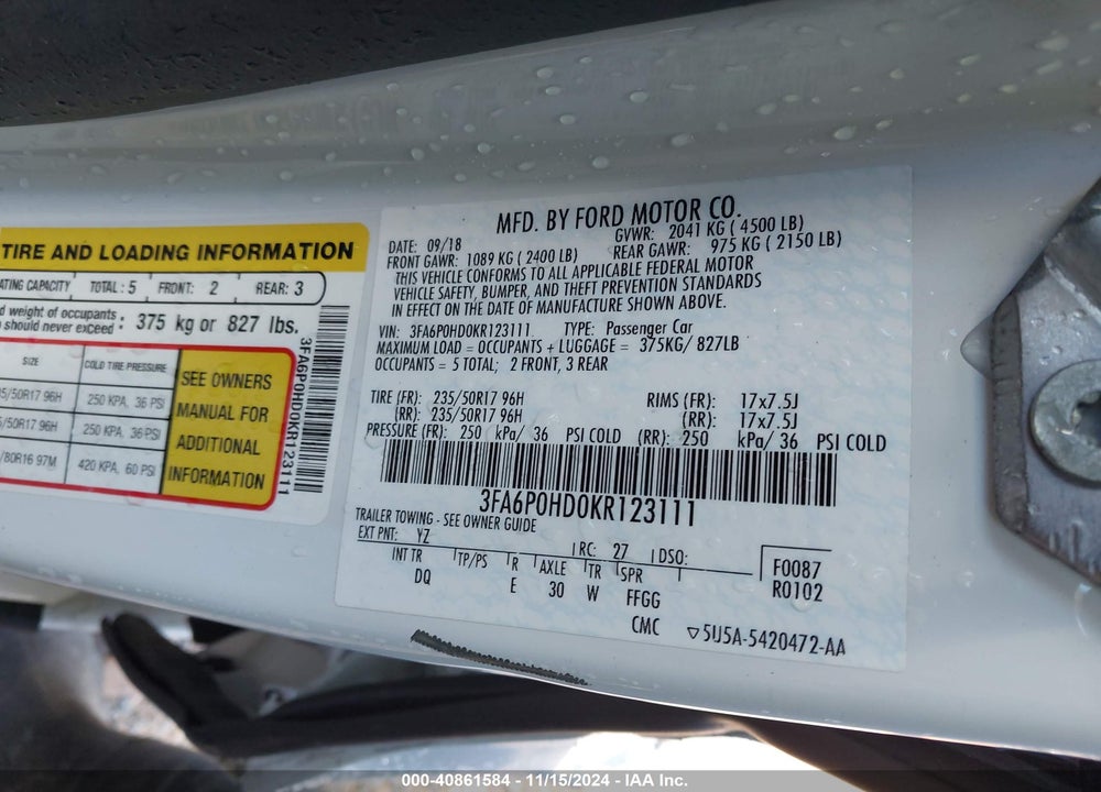 2019 FORD FUSION SE VIN: 3FA6P0HD0KR123111