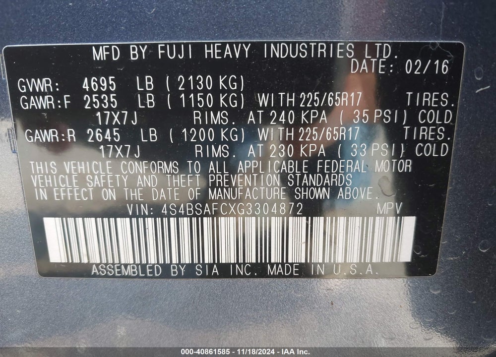 2016 SUBARU OUTBACK 2.5I PREMIUM VIN: 4S4BSAFCXG3304872