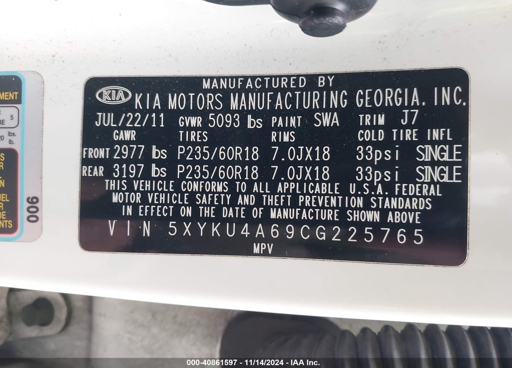 2012 KIA SORENTO EX VIN: 5XYKU4A69CG225765