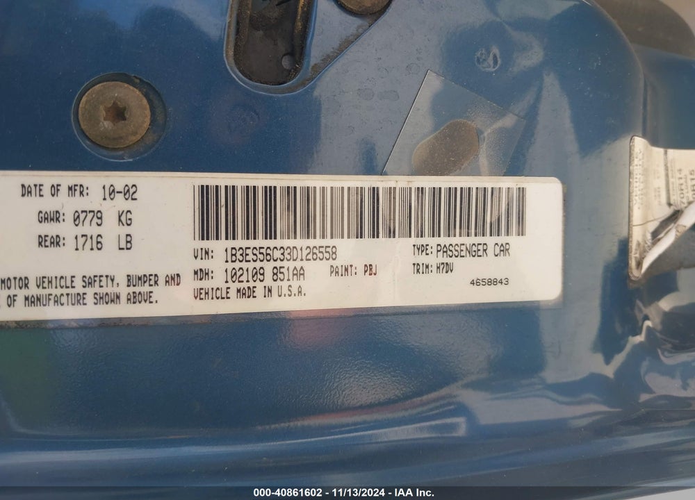 2003 DODGE NEON SXT VIN: 1B3ES56C33D126558