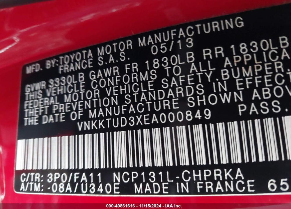 2014 TOYOTA YARIS LE (TMMF PLANT) VIN: VNKKTUD3XEA000849